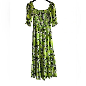 NEW Steve Madden Lime Green Print, Ruffle Short Sleeves, Ruched Midi Dress